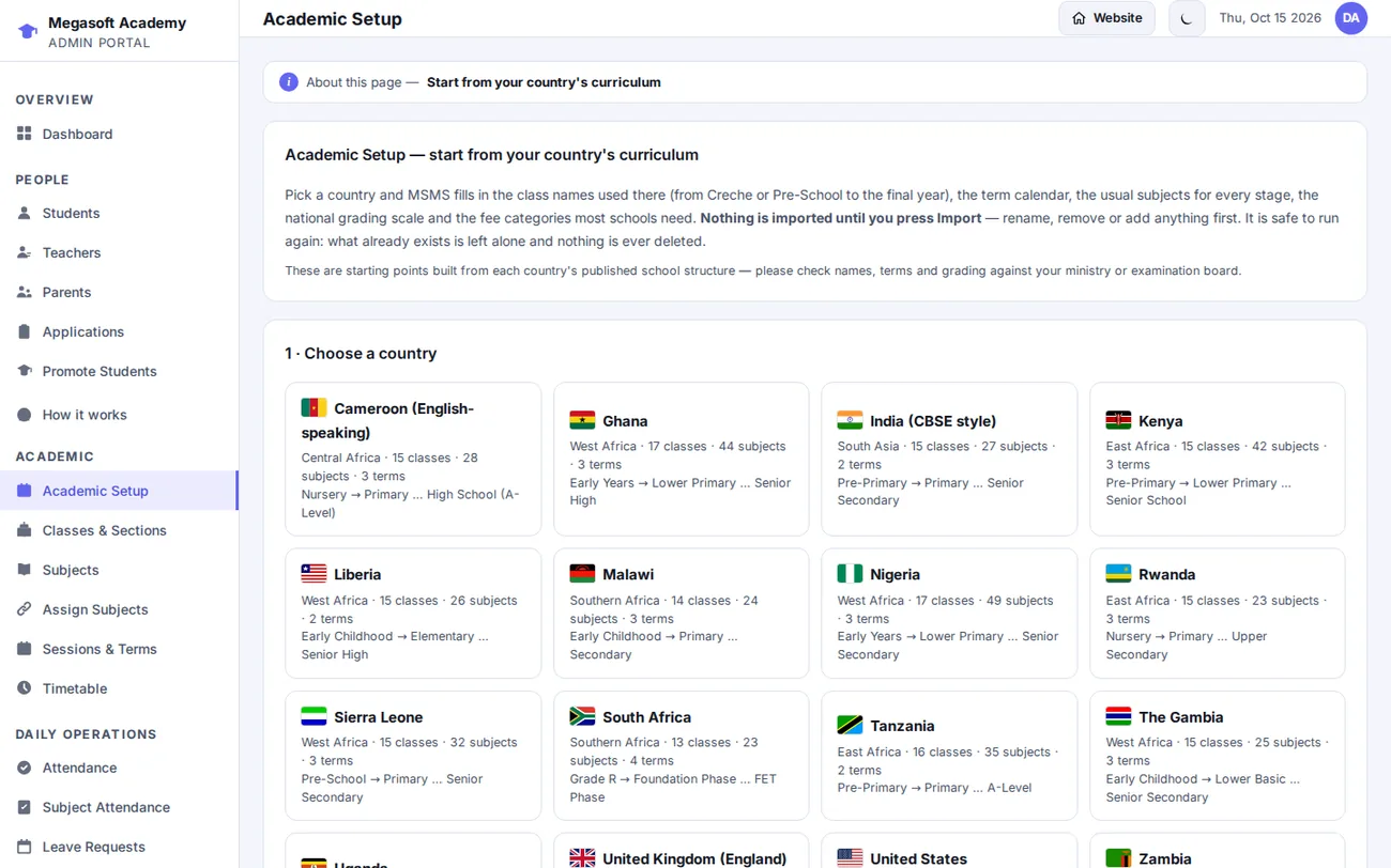 MSMS Academic Setup page with country presets