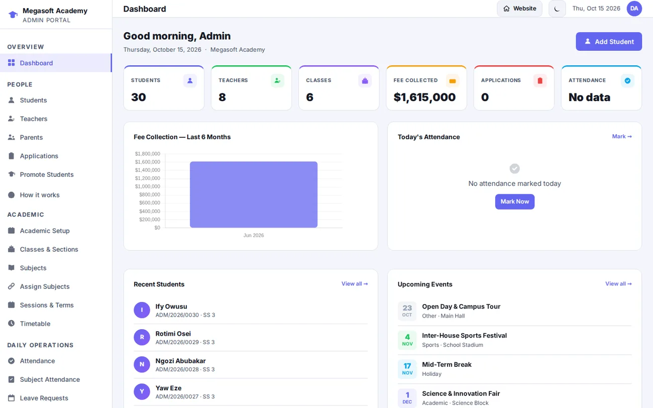 MSMS admin dashboard with student, teacher, class and fee statistics