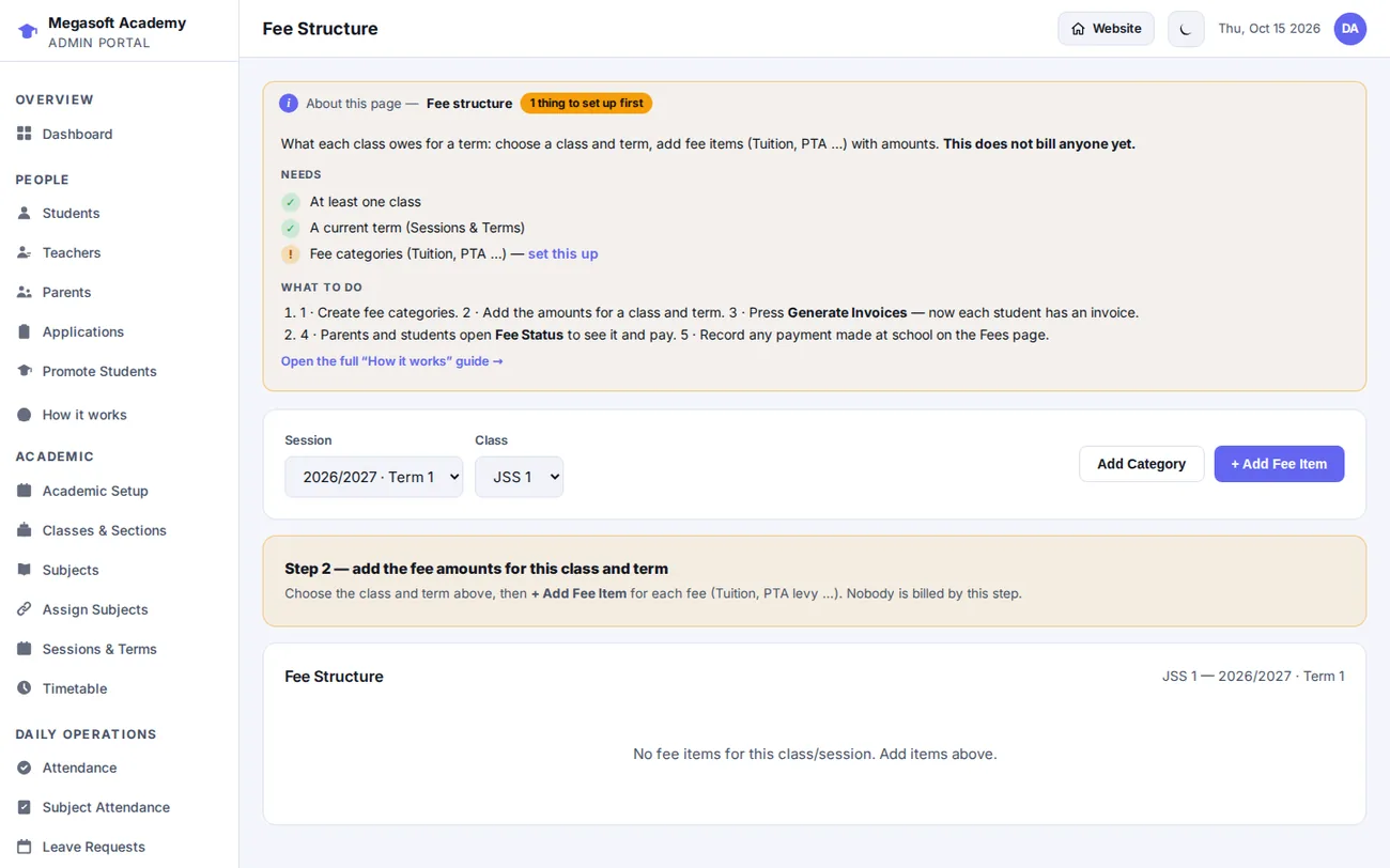 Fee Structure in MSMS: Fee amounts per class and term, with a billing status that tells you the next step.