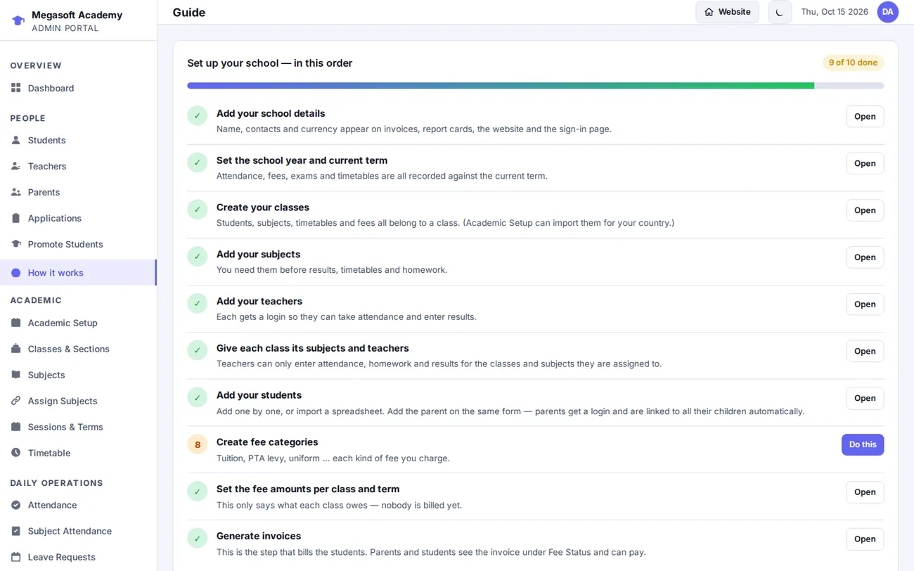 How it works guide in MSMS: The set-up order, with live checks of what is done.