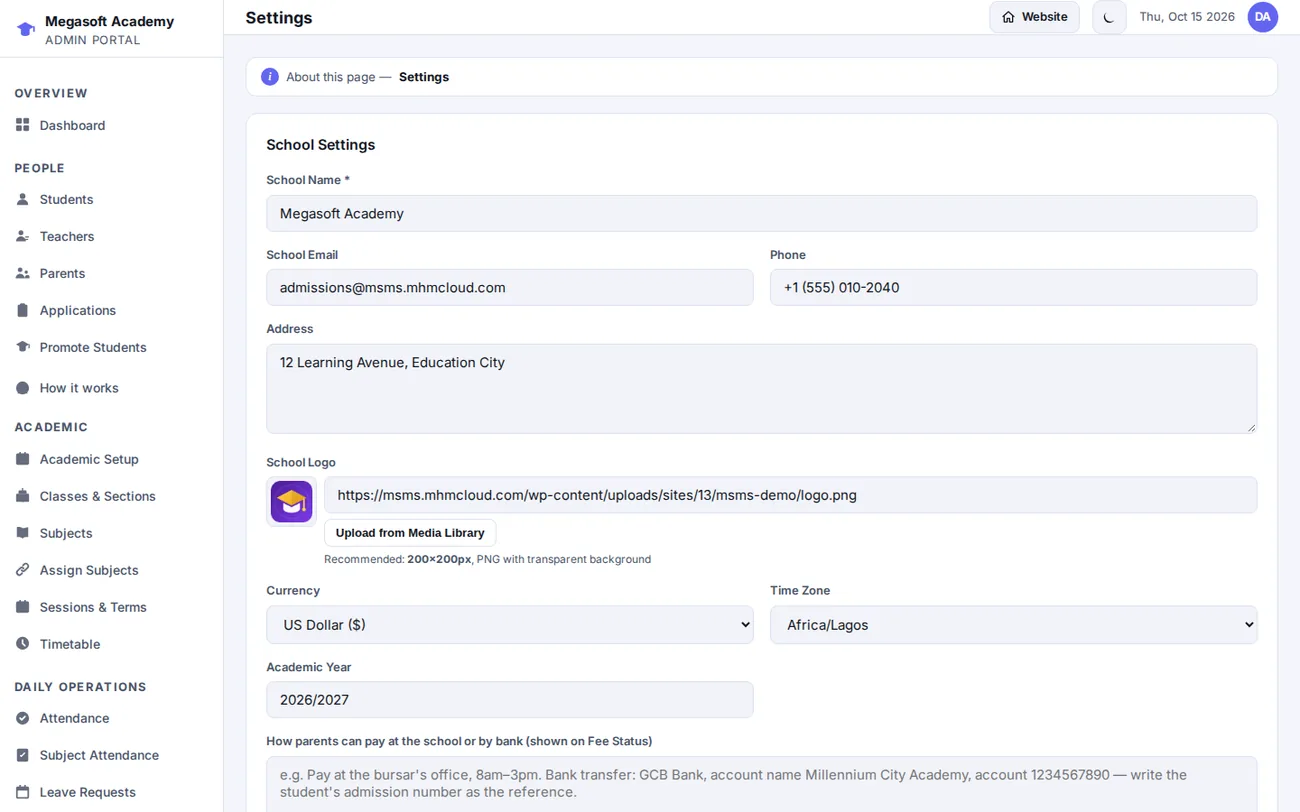 Settings in MSMS: School details, sign-in formats, payments and more.