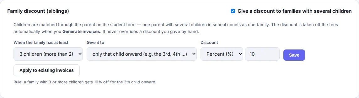 Family discount in MSMS: Flat or percent discount for families with several children, applied when invoices are generated.
