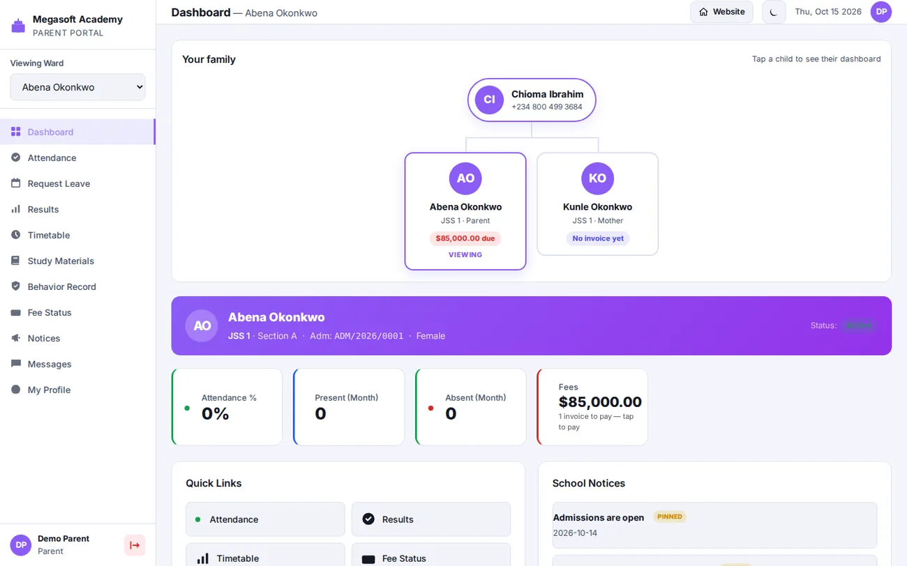 MSMS parent dashboard with a family tree showing a parent and two children and the fees due