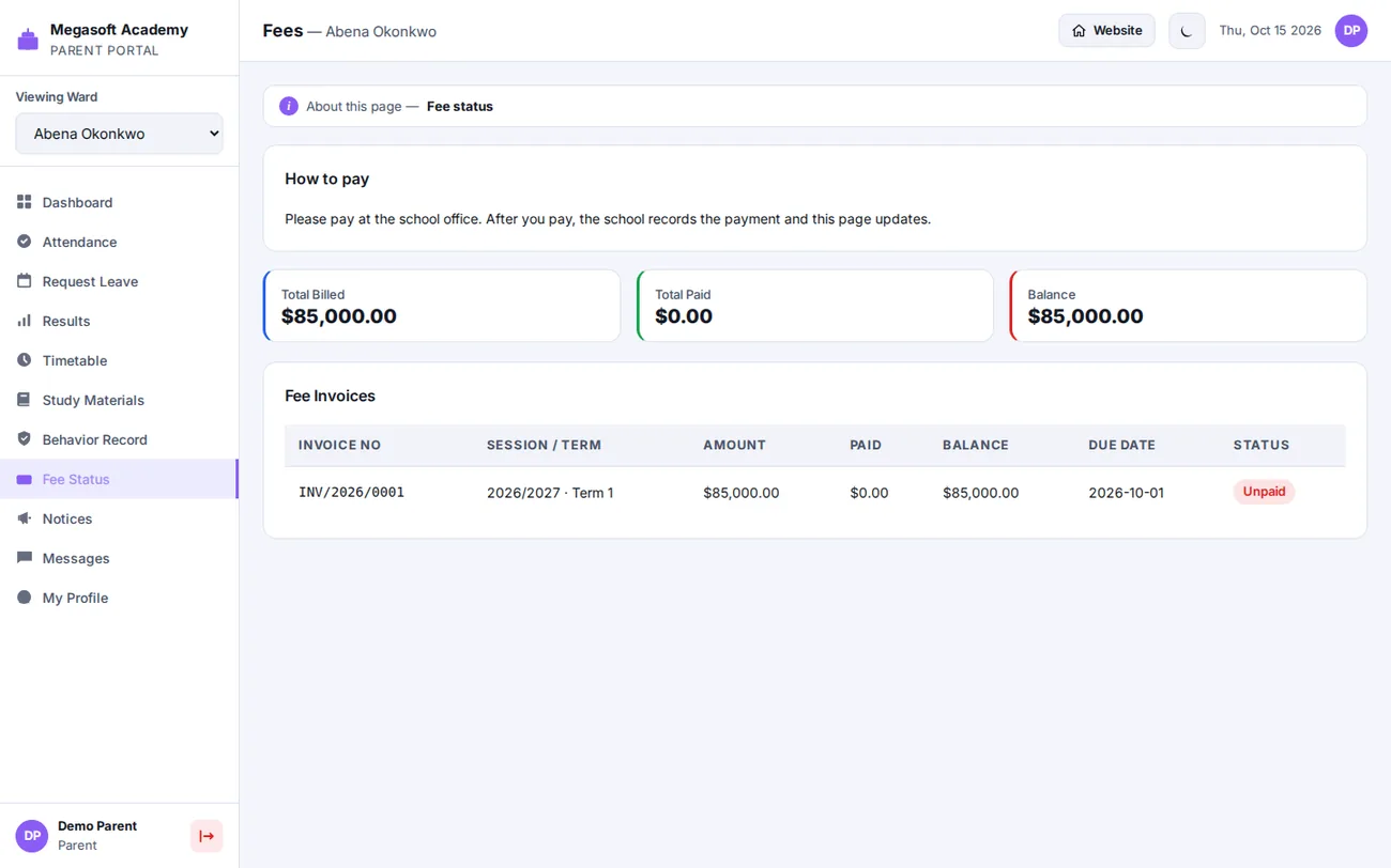 MSMS parent fee status page showing an invoice and how to pay