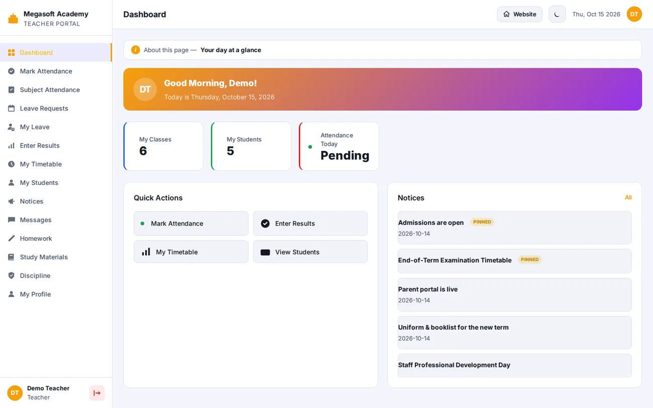 MSMS teacher dashboard